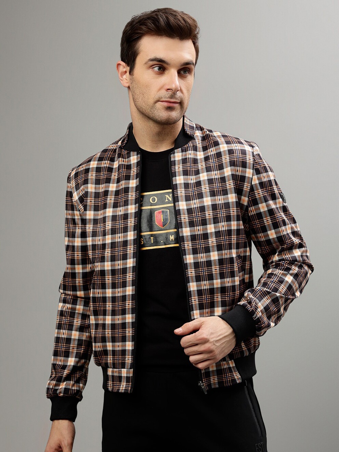 

Iconic Checked Stand Collar Bomber Jacket, Black