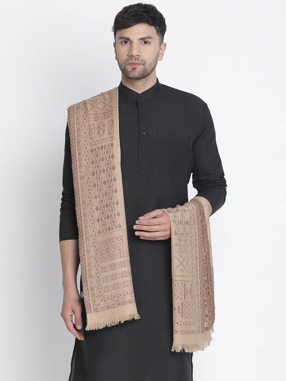 

SHINGORA Ethnic Motifs Woven Design Woollen Shawl, Beige