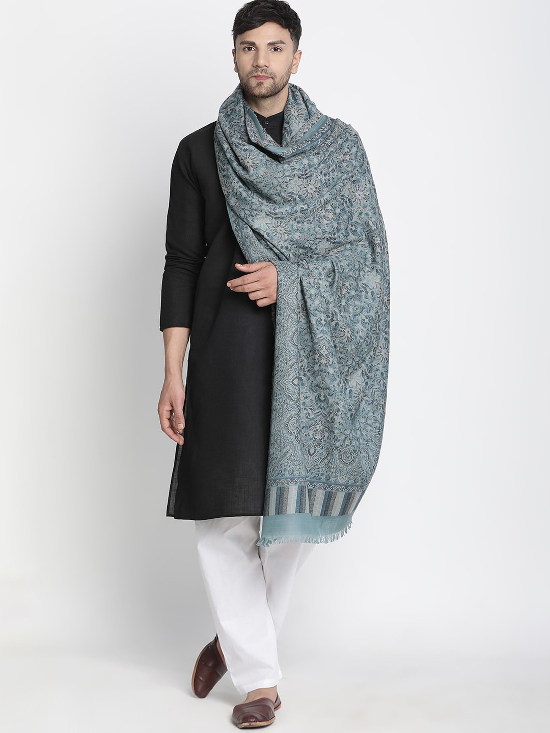 

SHINGORA Ethnic Motifs Woven Design Woollen Shawl, Blue
