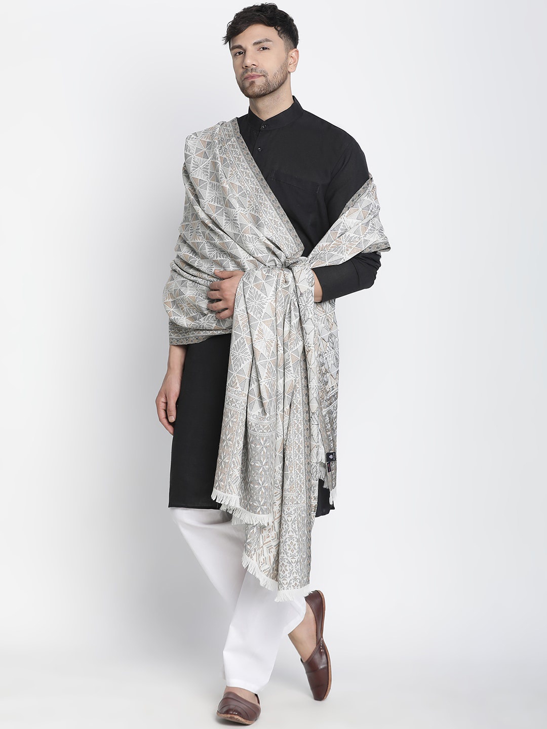 

SHINGORA Ethnic Motifs Woven Design Woollen Shawl, Off white