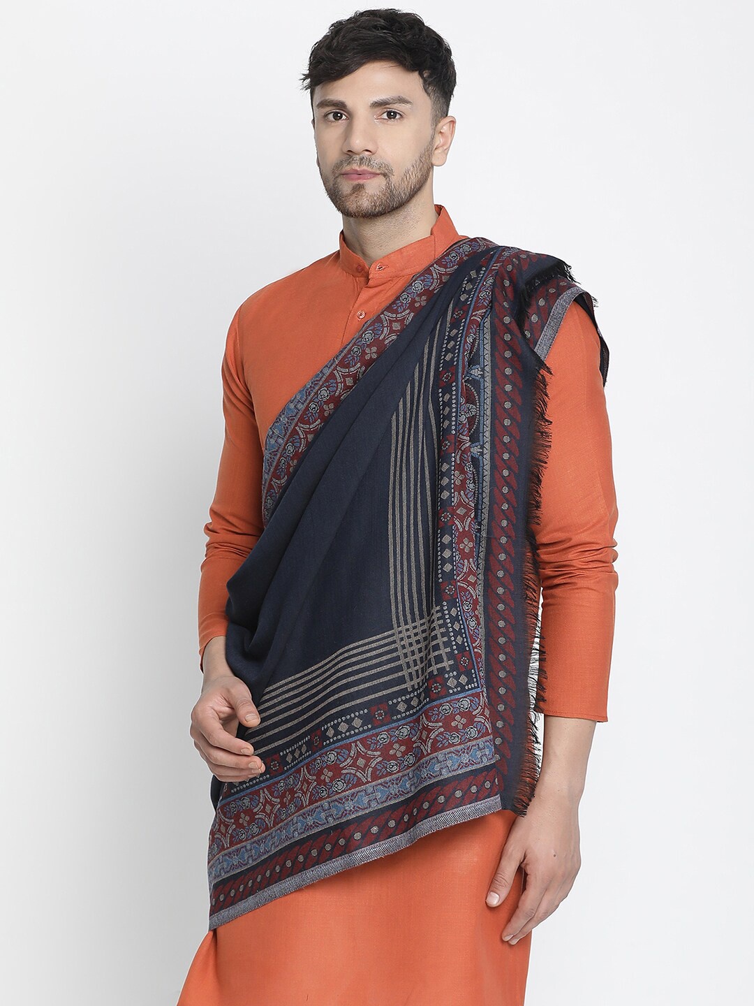 

SHINGORA Ethnic Motifs Woven Design Woollen Shawl, Navy blue