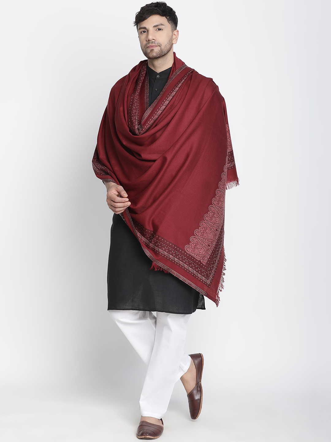 

SHINGORA Ethnic Motifs Woven Design Woollen Shawl, Maroon