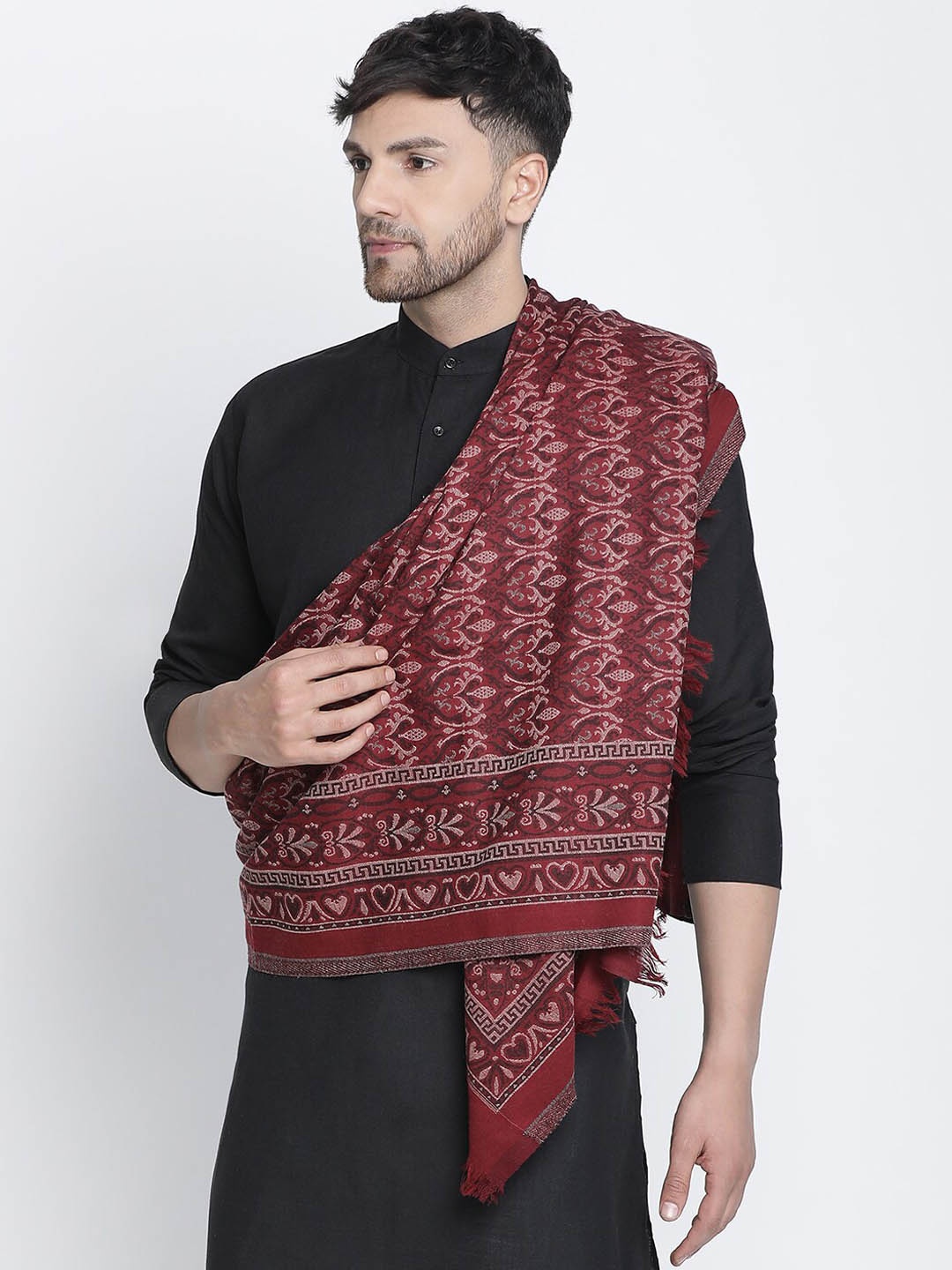 

SHINGORA Ethnic Motifs Woven Design Woollen Shawl, Maroon