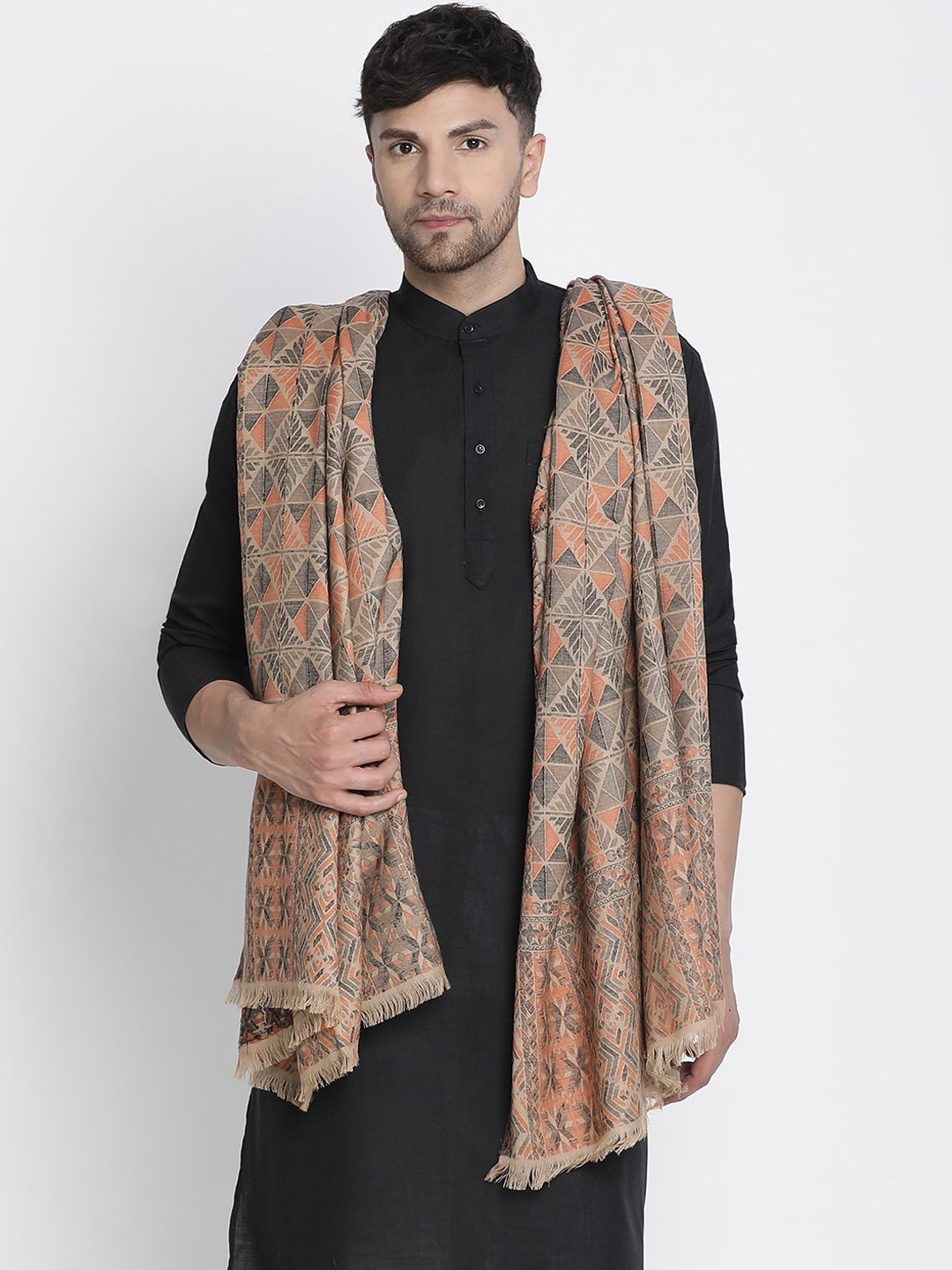 

SHINGORA Ethnic Motifs Woven Design Woollen Shawl, Beige