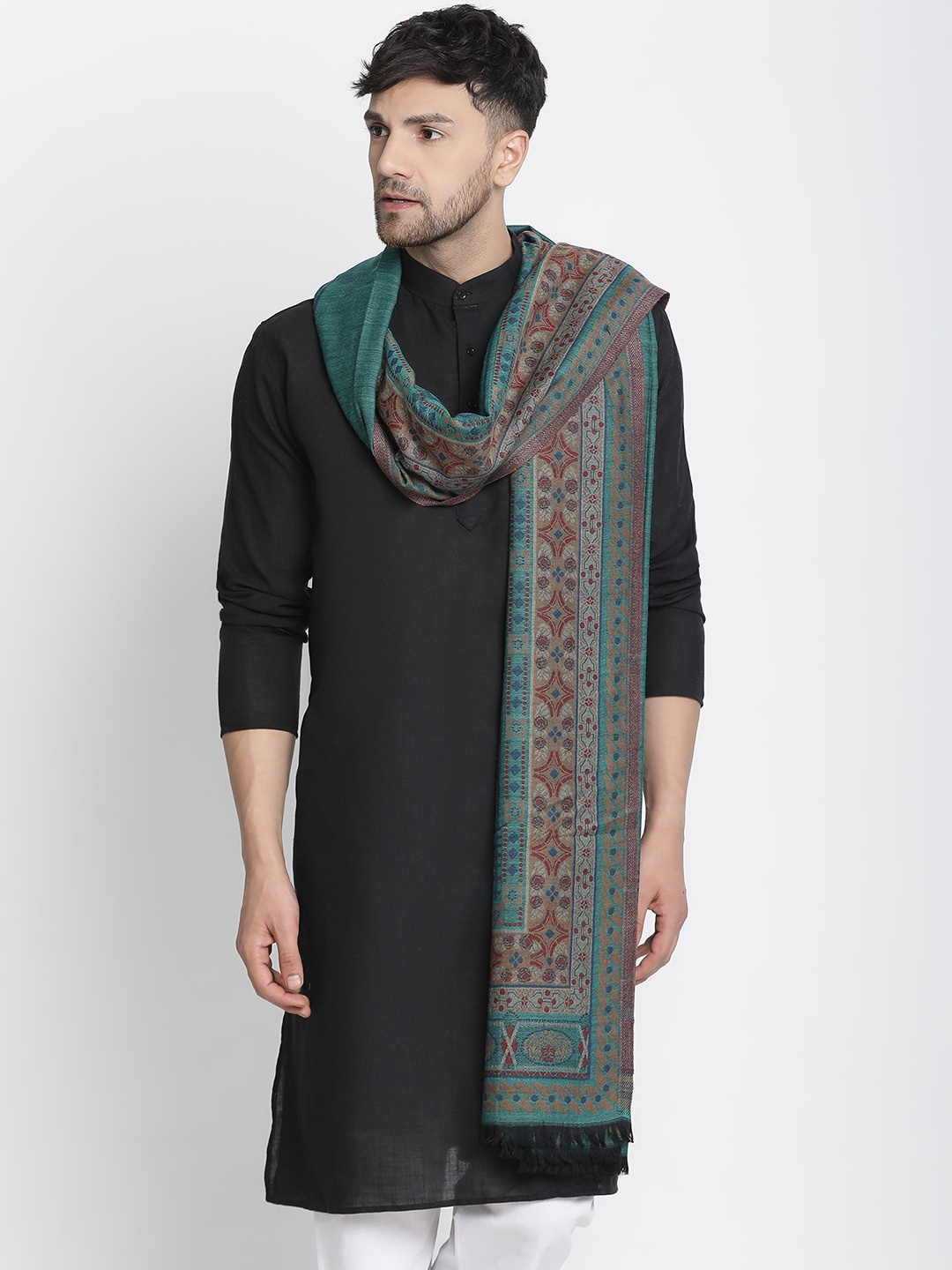 

SHINGORA Ethnic Motifs Woven Design Pure Woollen Shawl, Sea green