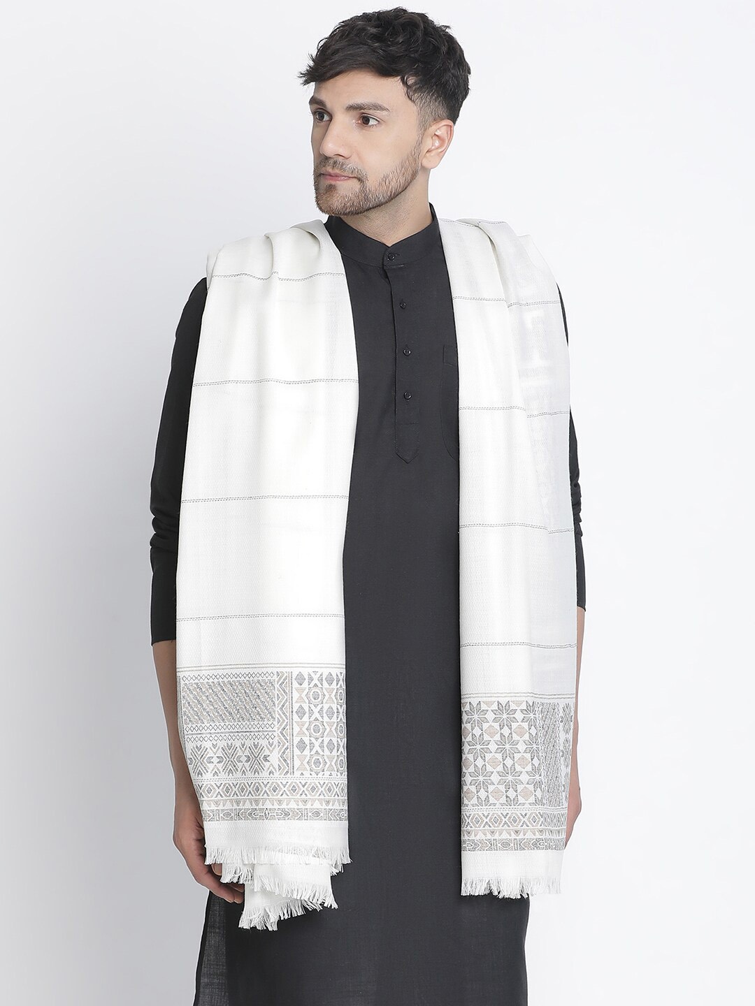 

SHINGORA Ethnic Motifs Woven Design Woollen Shawl, Off white