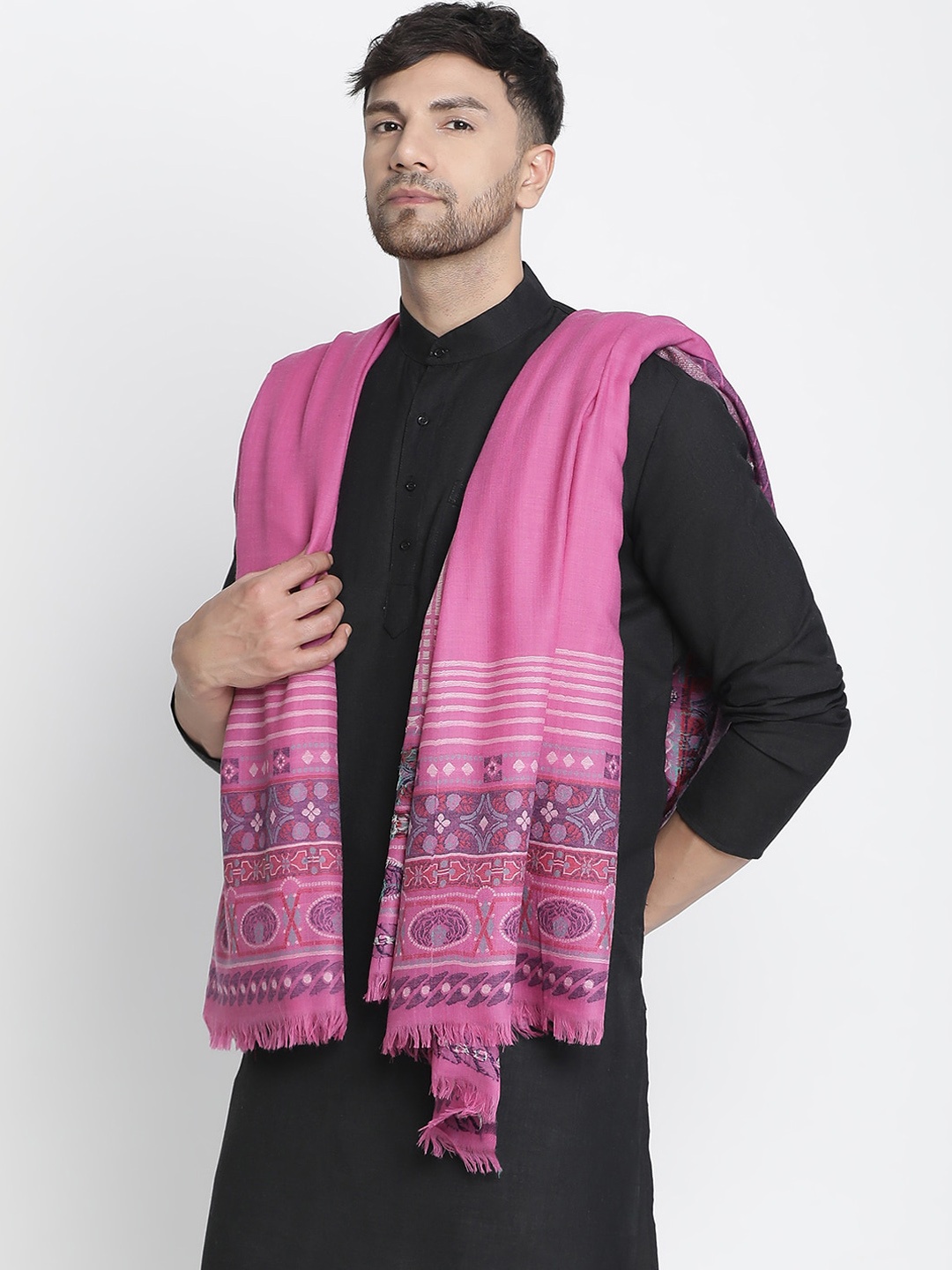 

SHINGORA Ethnic Motifs Woven Design Woollen Shawl, Pink