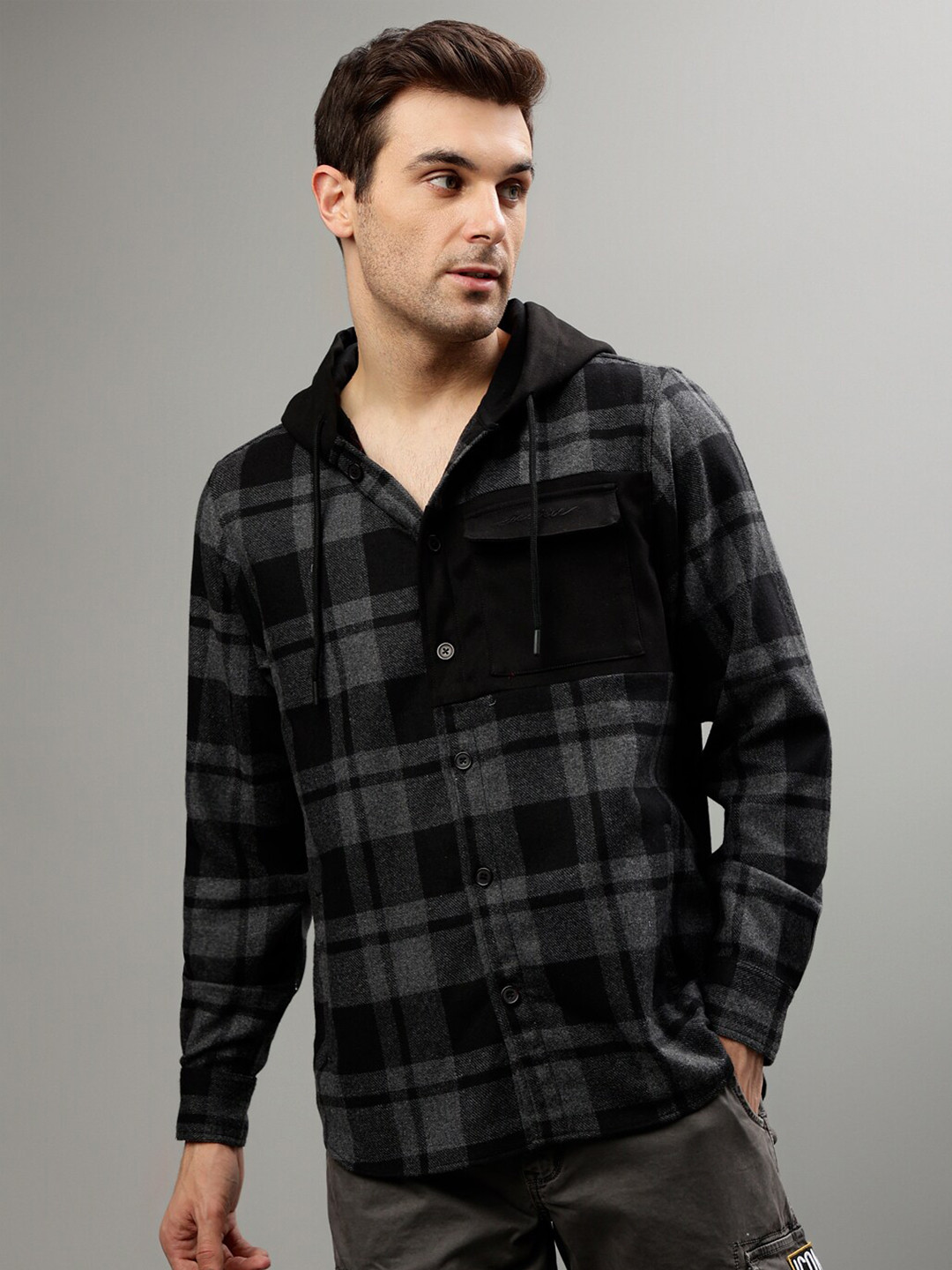 

Iconic Tartan Checks Hooded Casual Shirt, Black