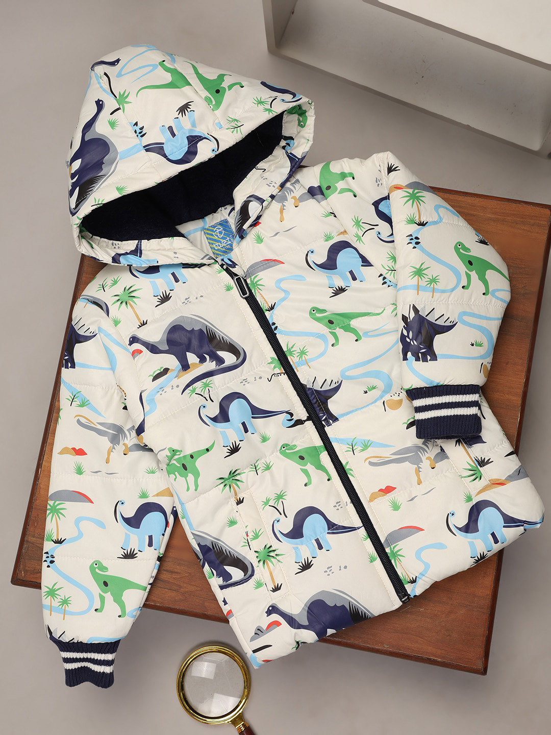 

V-Mart Boys Graphic Printed Hooded Lightweight Cotton Padded Jacket, Off white