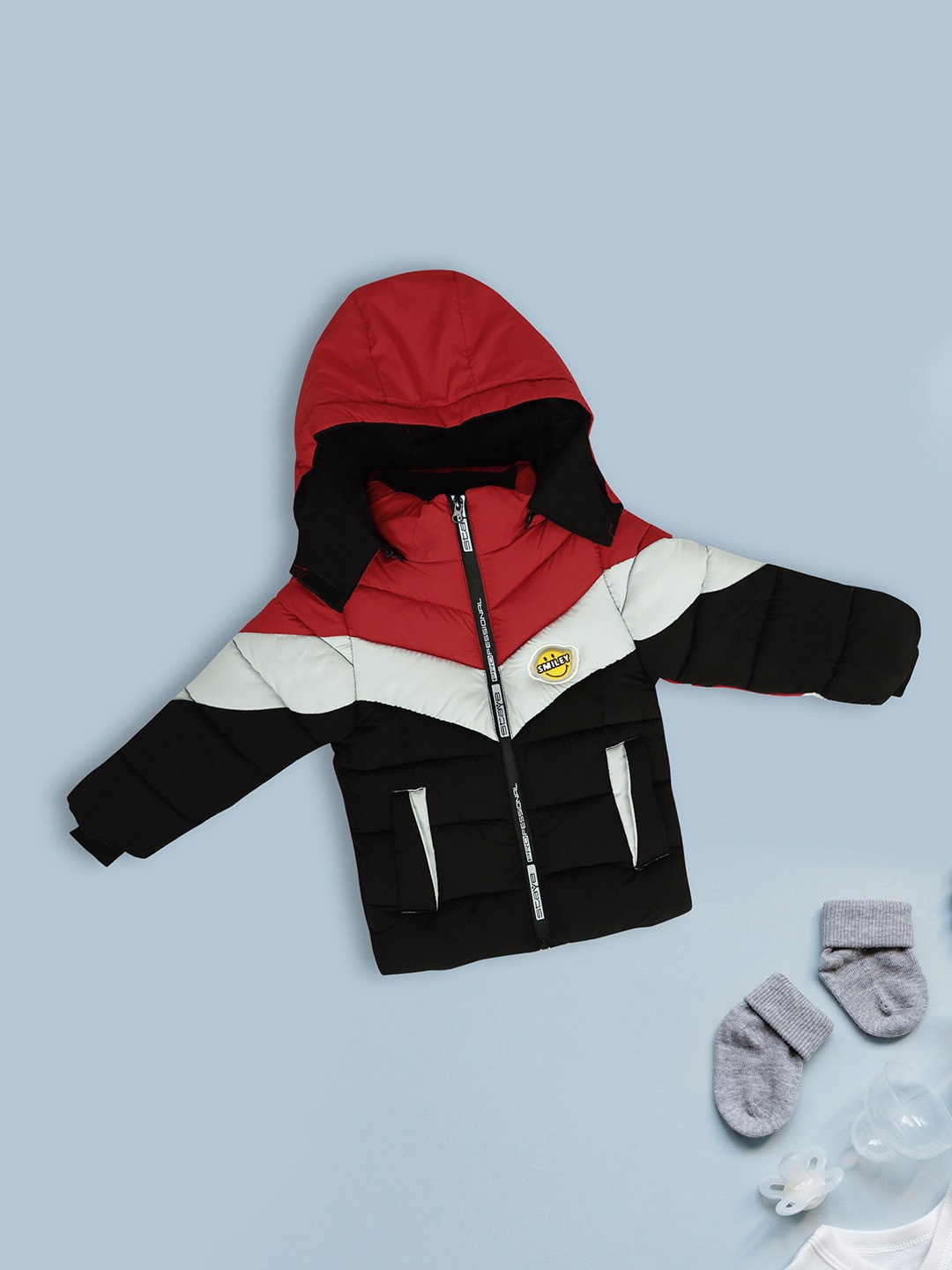

V-Mart Boys Colourblocked Hooded Lightweight Cotton Puffer Jacket, Red