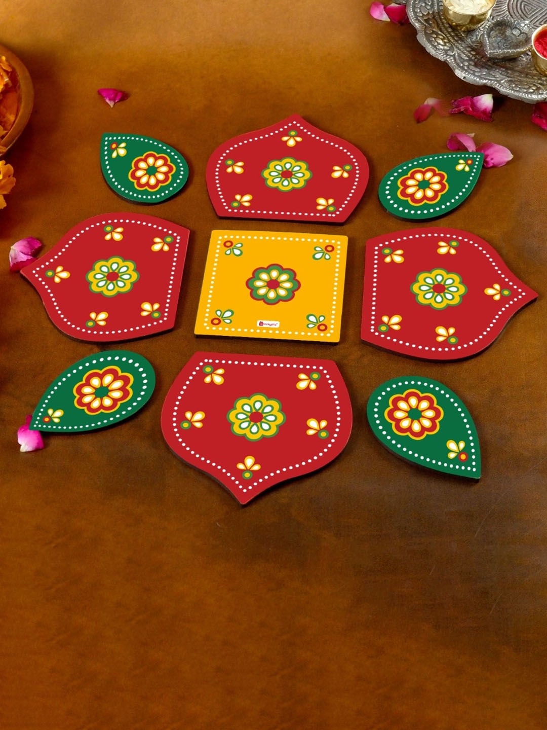 

Indigifts Green & Red 9 Pieces Floral Printed Wooden Rangoli Stickers