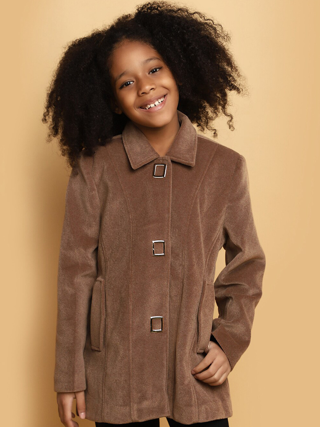 

V-Mart Girls Spread Collar Long Sleeve Cotton Lightweight Tailored Jacket, Brown