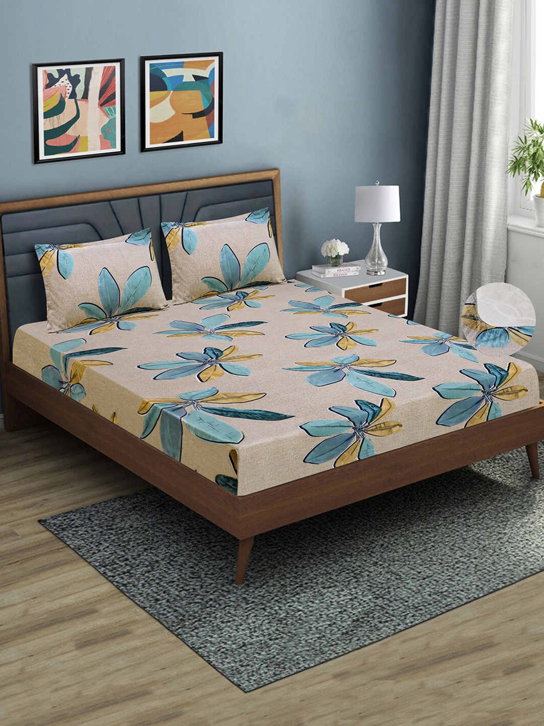 

Good Homes by Home Candy Beige & Blue 144 TC Queen Fitted Bedsheet with 2 Pillow Covers