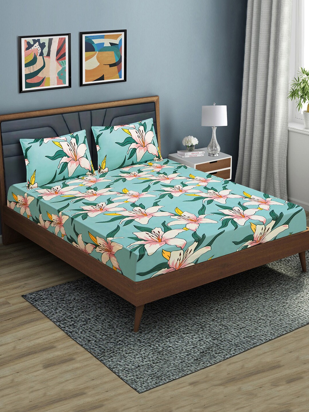 

Good Homes by Home Candy Blue Floral 144 TC Queen Bedsheet with 2 Pillow Covers