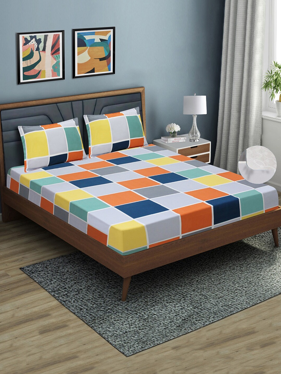 

Good Homes by Home Candy Grey & Orange 144 TC Queen Fitted Bedsheet with 2 Pillow Covers