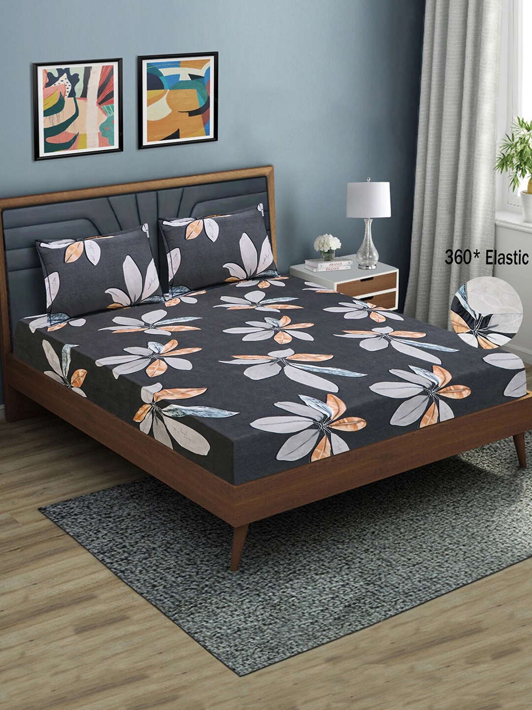 

Good Homes by Home Candy Black Floral 144 TC Queen Fitted Bedsheet with 2 Pillow Covers