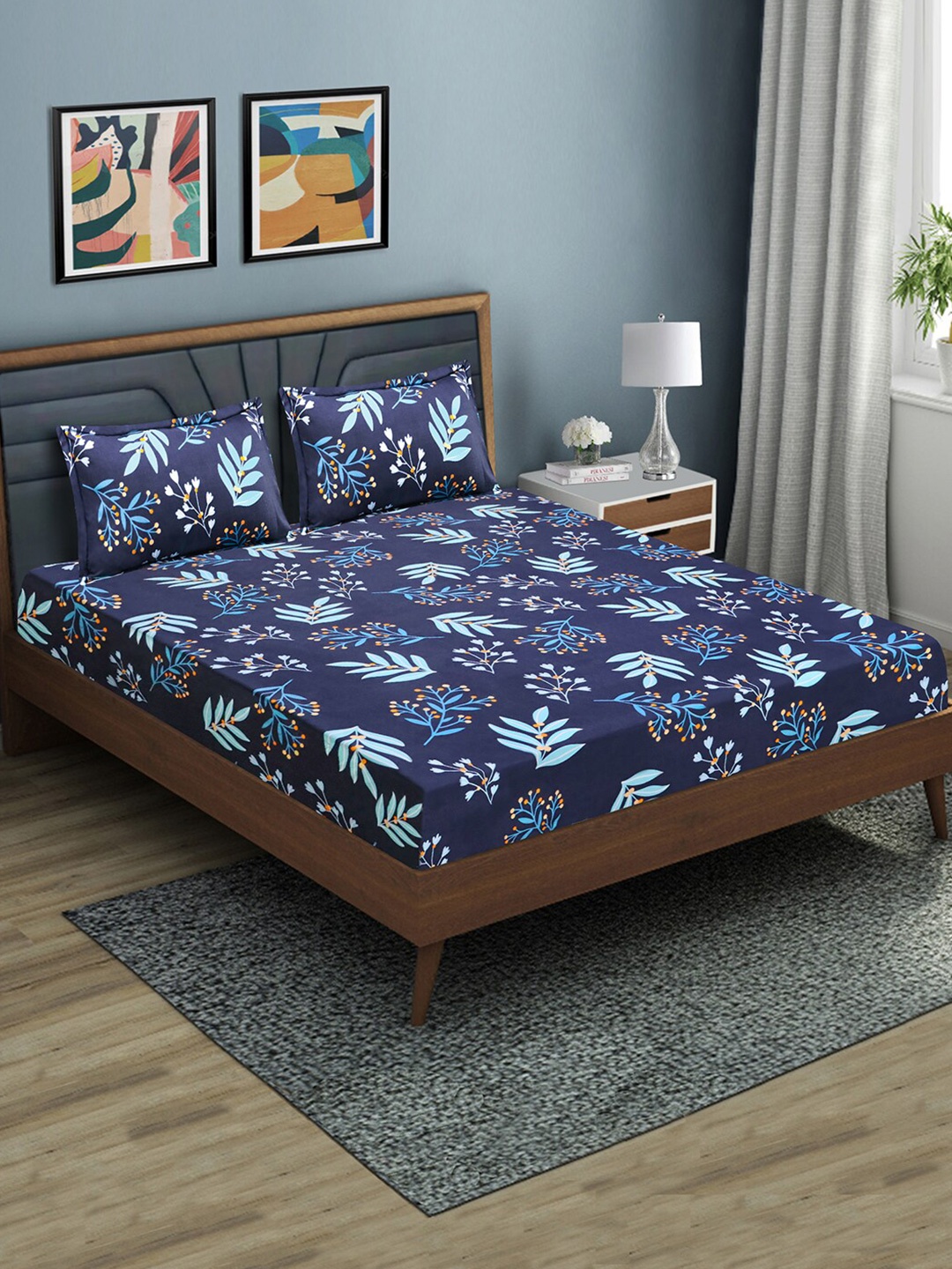 

Good Homes by Home Candy Blue Floral 144 TC Queen Fitted Bedsheet with 2 Pillow Covers