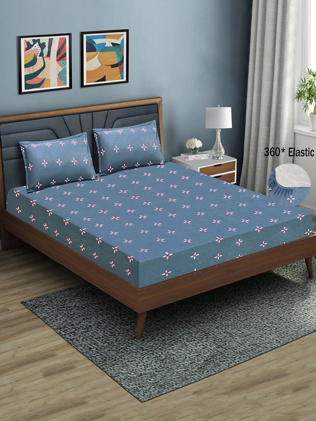 

Good Homes by Home Candy Grey Floral 144 TC Queen Fitted Bedsheet with 2 Pillow Covers