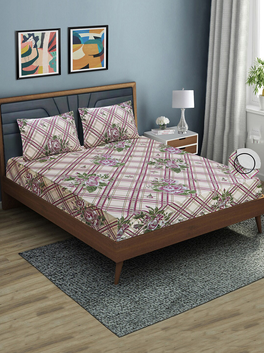 

Good Homes by Home Candy Brown Floral 144 TC Queen Fitted Bedsheet with 2 Pillow Covers