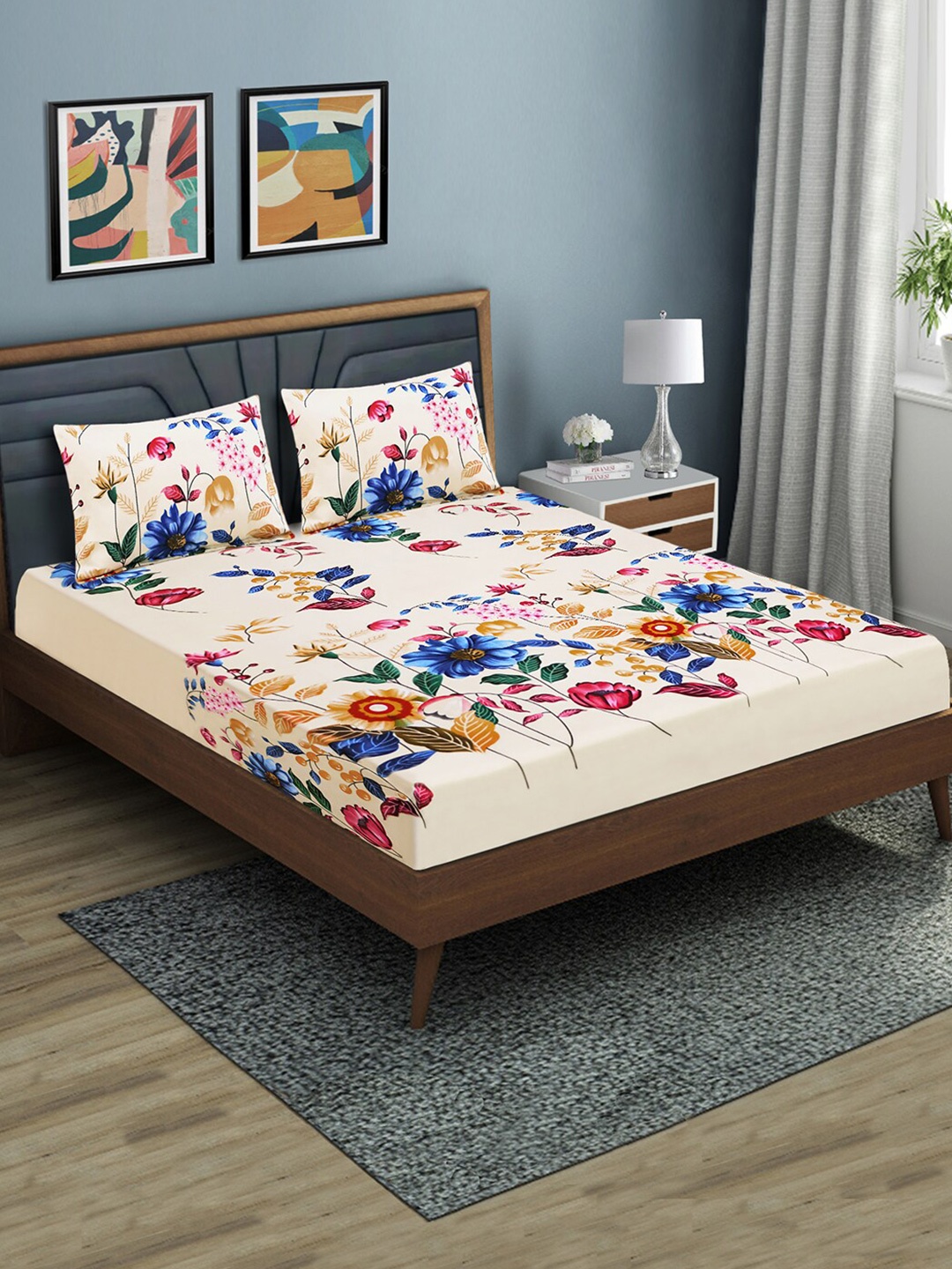 

Good Homes by Home Candy Beige Floral Microfiber 140 TC Queen Bedsheet & 2 Pillow Covers