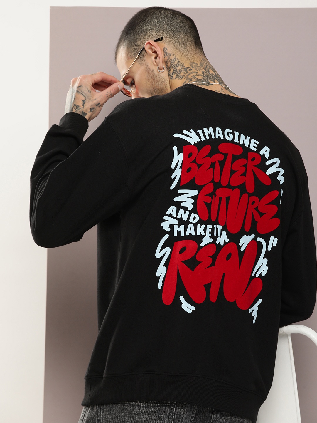 

Kook N Keech Men Typography Flock Print Oversized Sweatshirt, Black