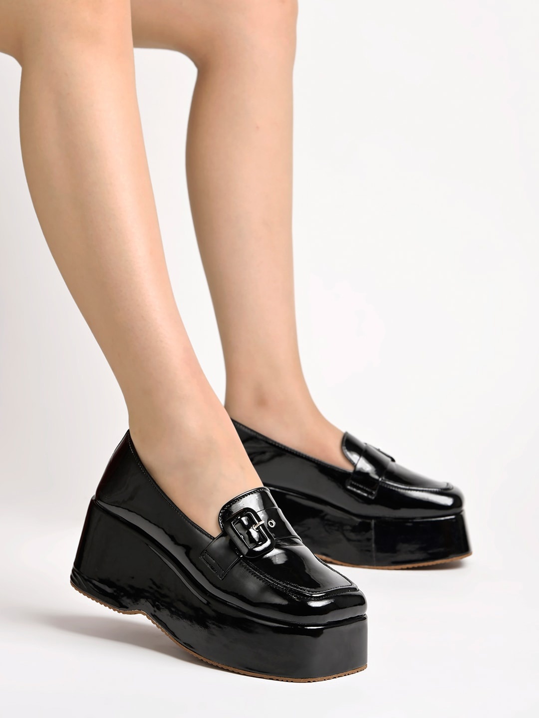 

Shoetopia Square Toe Buckle Detail Flatform Pumps, Black