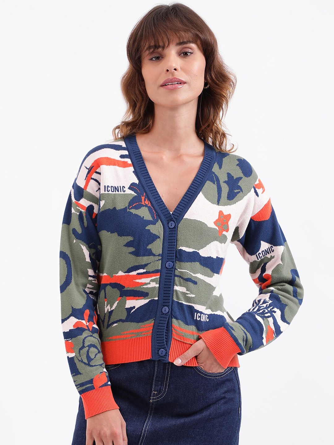 

Iconic Camouflage Printed Pure Cotton Cardigan, Blue