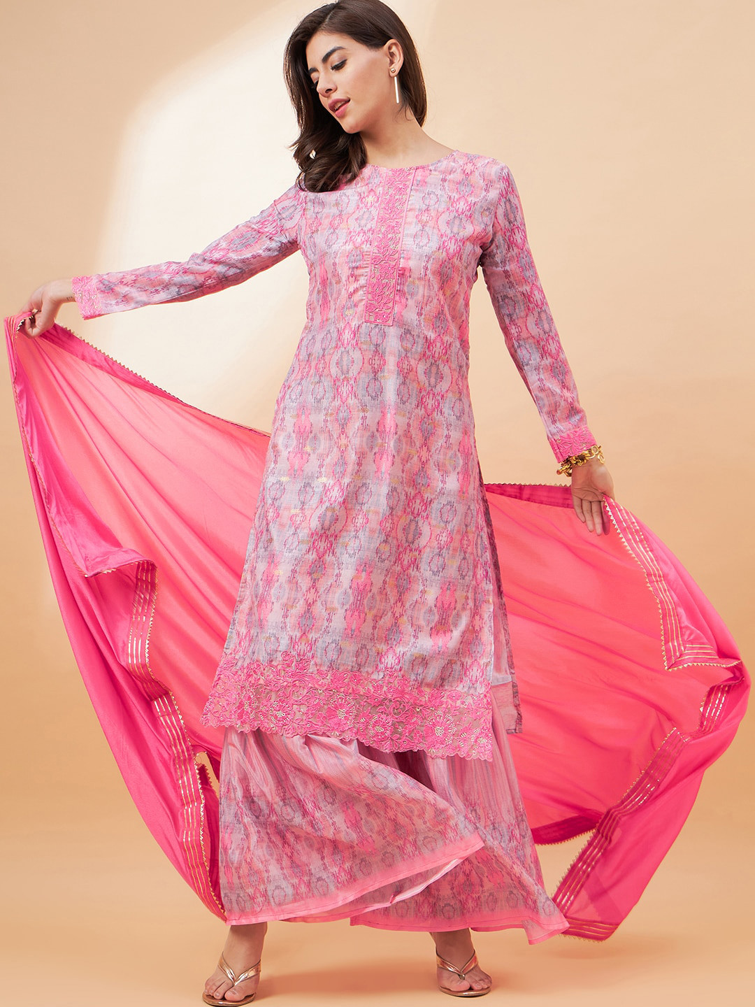 

all about you Floral Printed Thread Work Sequined Straight Kurta With Sharara & Dupatta, Pink