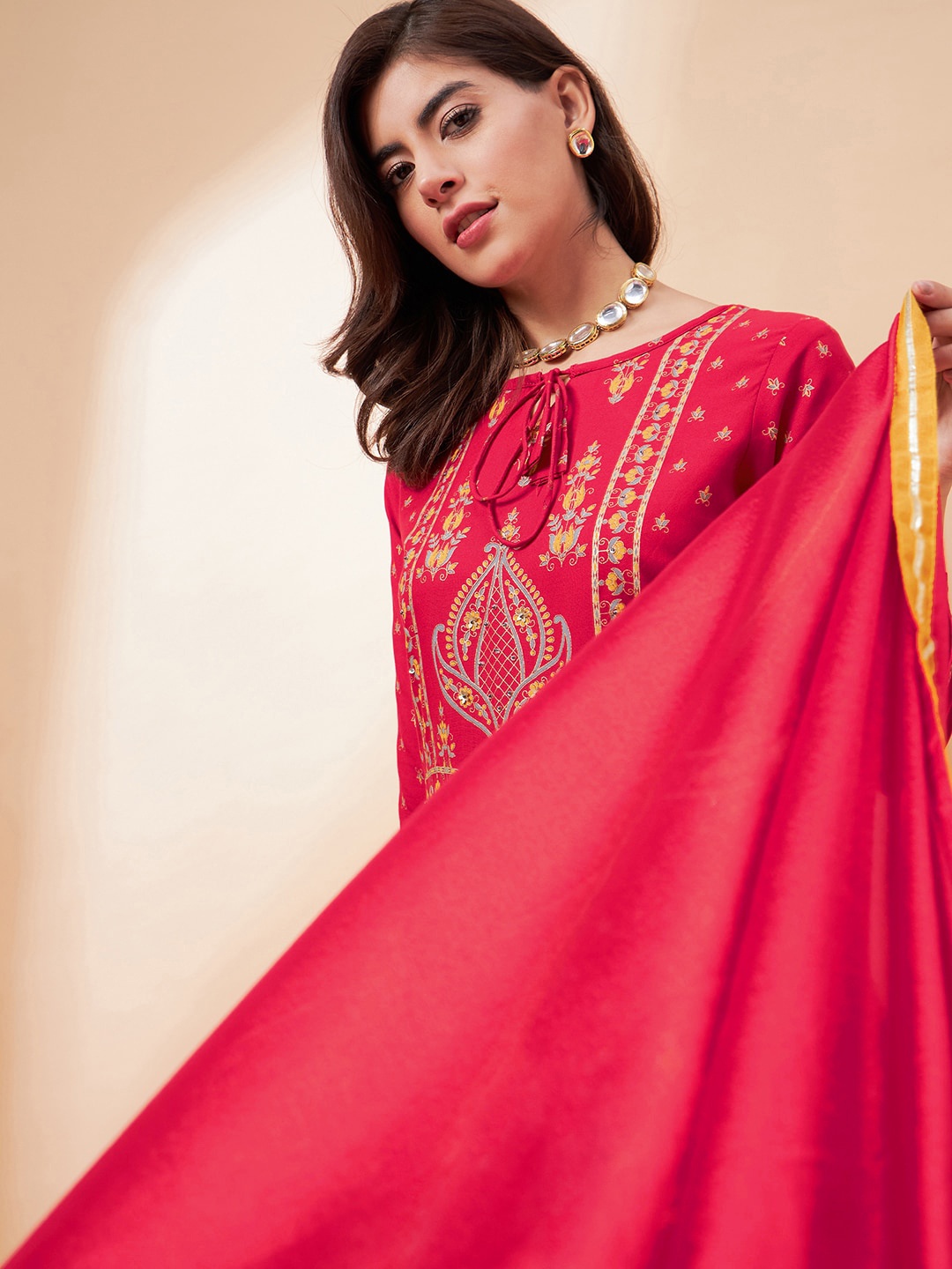 

all about you Ethnic Motifs Printed Sequined Pleated A-Line Kurta With Palazzos & Dupatta, Red