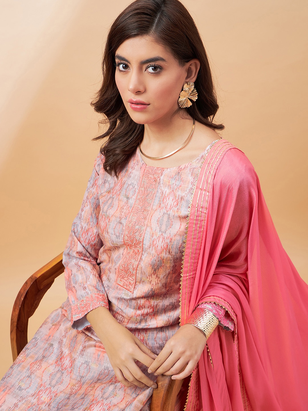 

all about you Ethnic Motifs Printed Thread Work Straight Kurta with Sharara & Dupatta, Peach