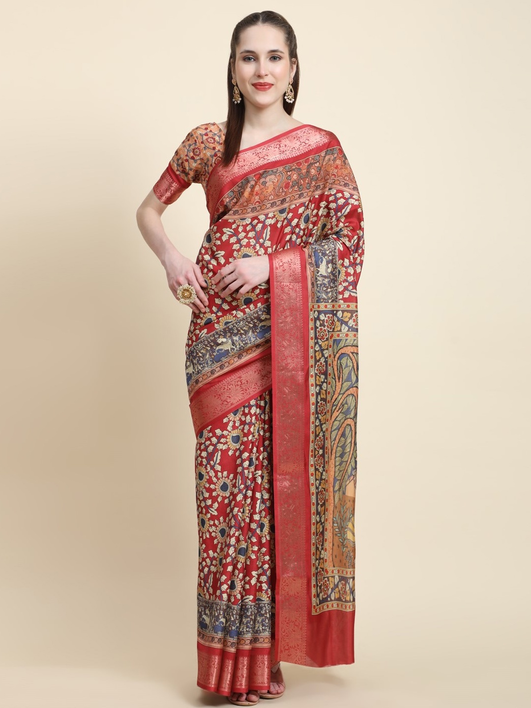 

PRATIBIMB Floral Printed Silk Cotton Saree, Red