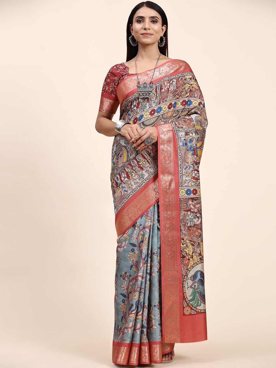 

PRATIBIMB Kalamkari Printed Saree, Blue