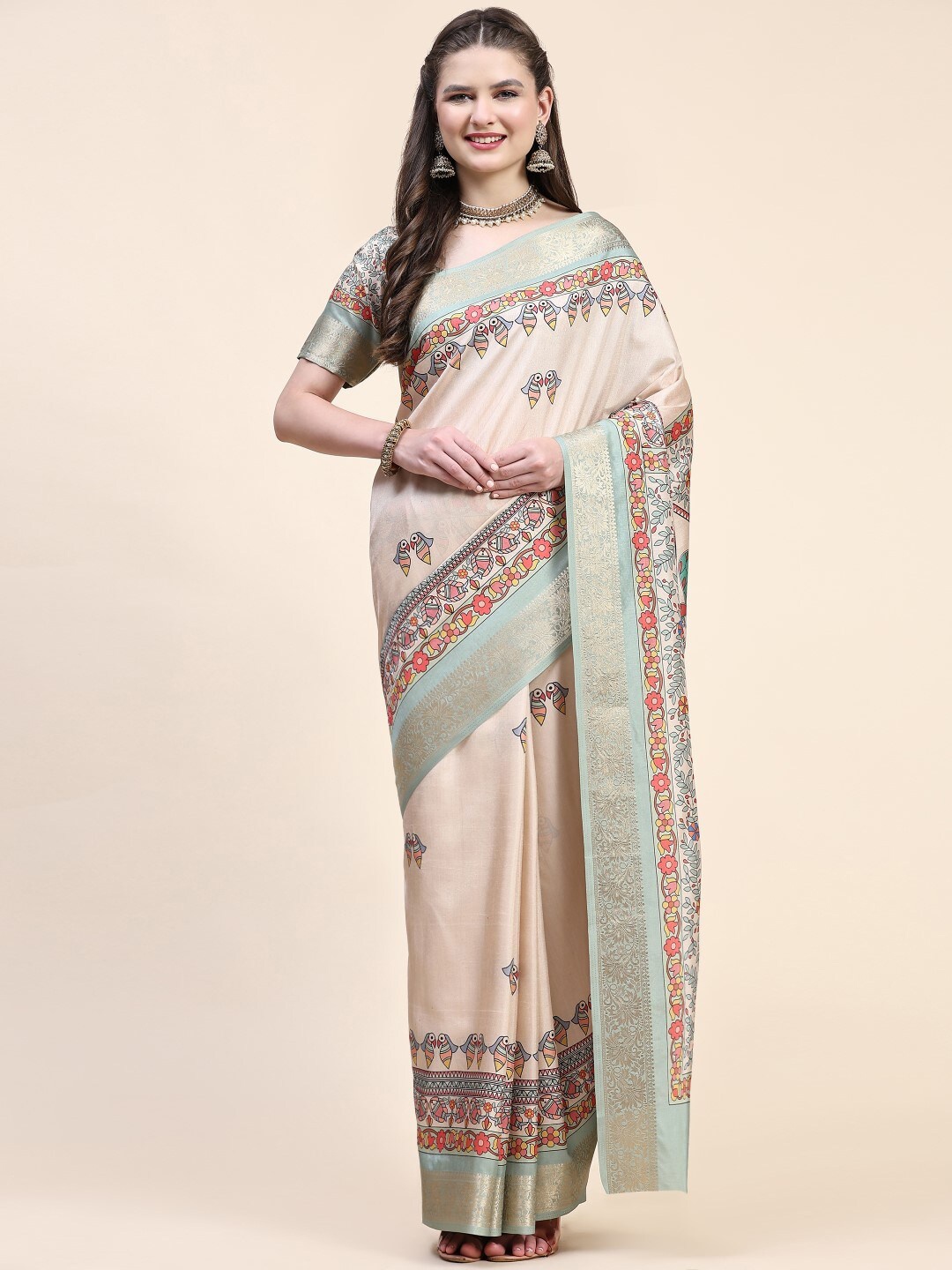 

PRATIBIMB Ethnic Motifs Printed Silk Cotton Saree, Beige