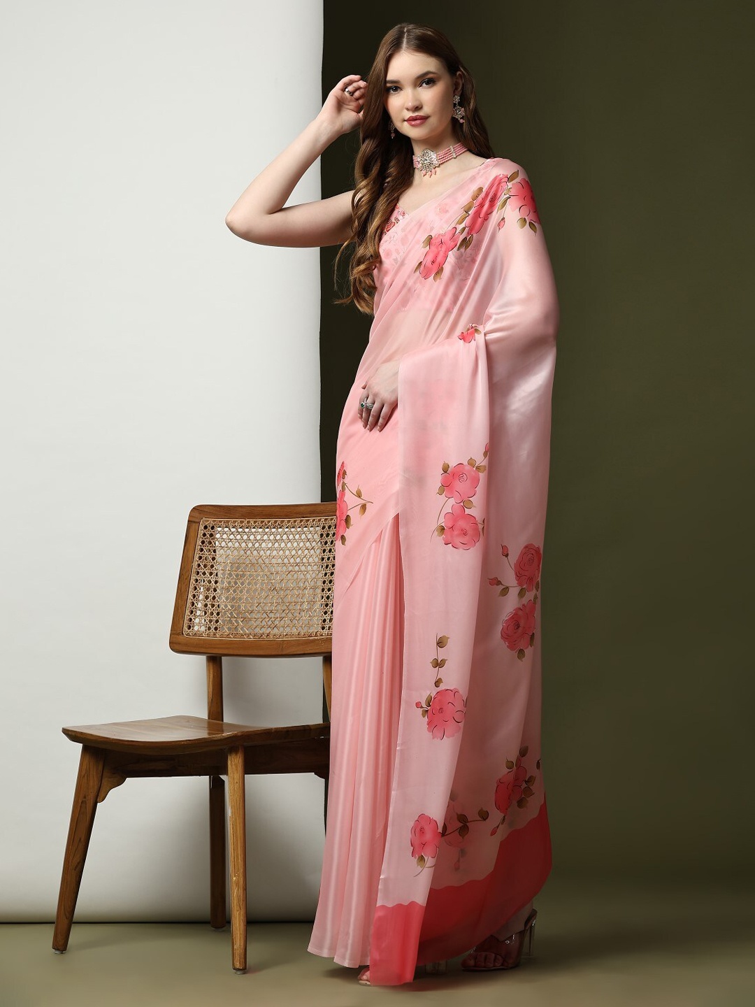 

PRATIBIMB Floral Printed Organza Saree, Peach