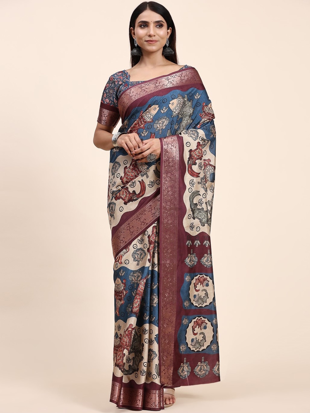 

PRATIBIMB Geometric Printed Silk Cotton Saree, Beige