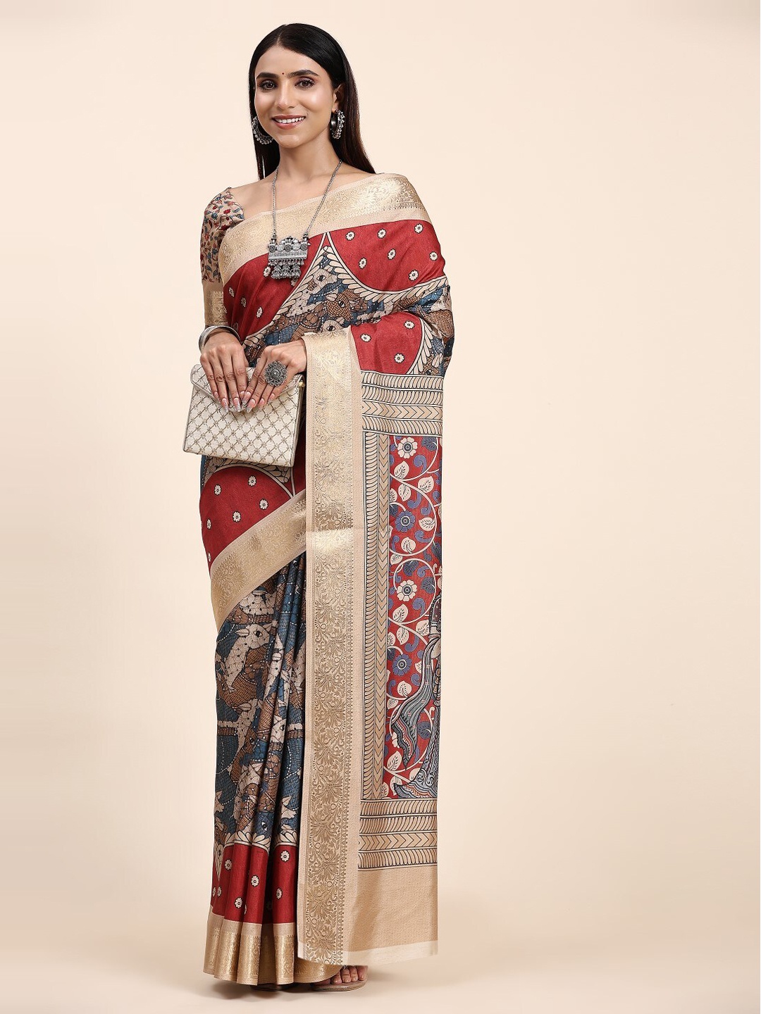 

PRATIBIMB Ethnic Motifs Printed Silk Cotton Saree, Red