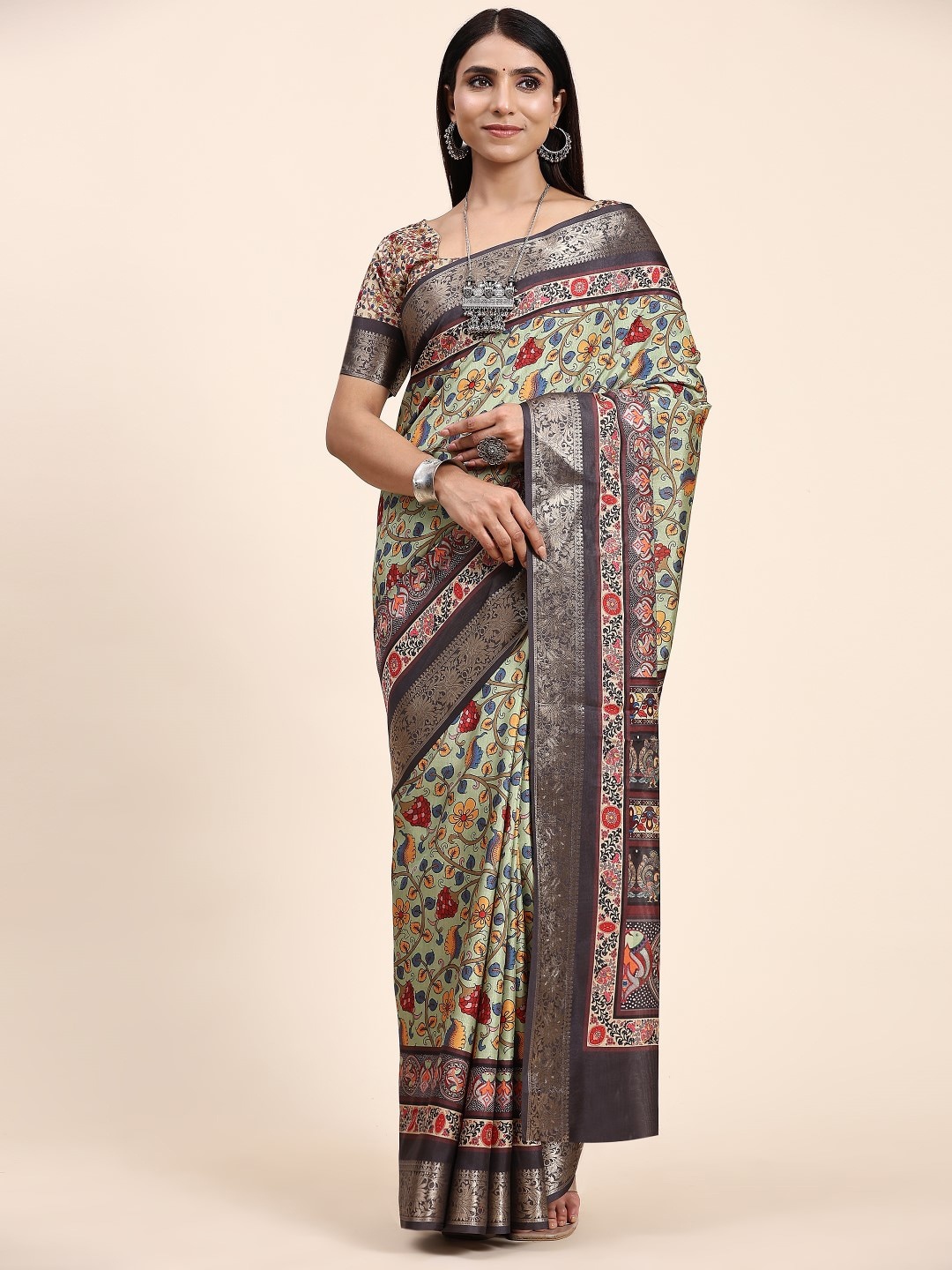 

PRATIBIMB Floral Printed Zari Saree, Green