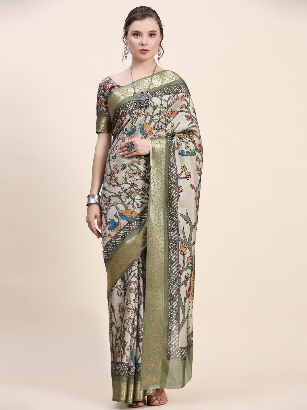 

PRATIBIMB Kalamkari Printed Silk Cotton Saree, Green