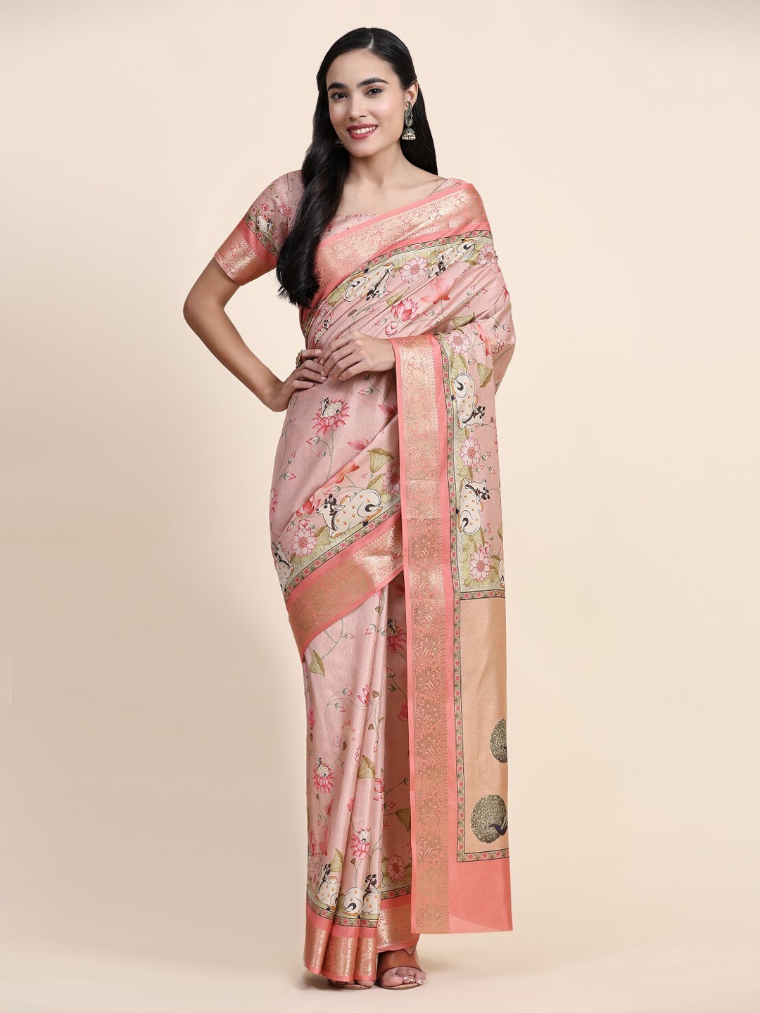 

PRATIBIMB Ethnic Motifs Printed Silk Cotton Saree, Peach