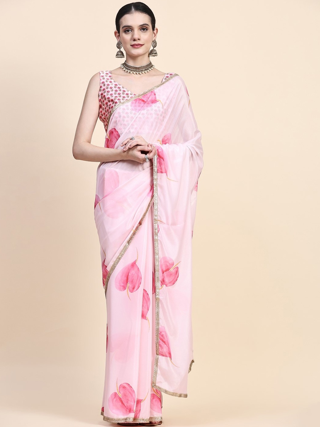 

PRATIBIMB Floral Printed Silk Cotton Saree, Pink