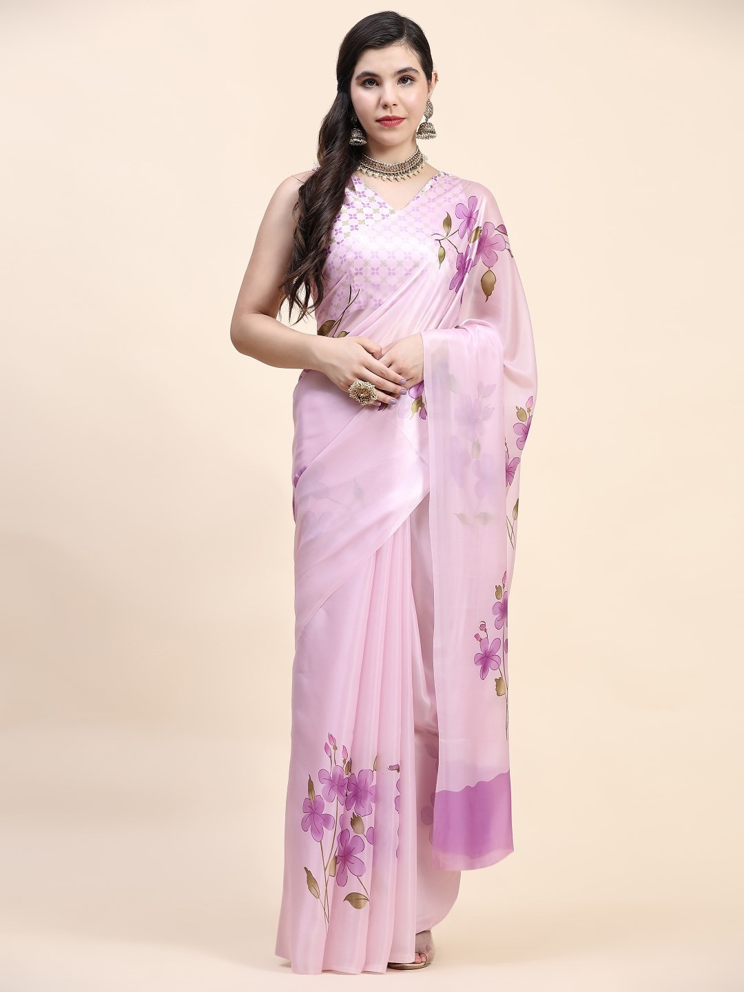 

PRATIBIMB Floral Printed Silk Cotton Saree, Purple