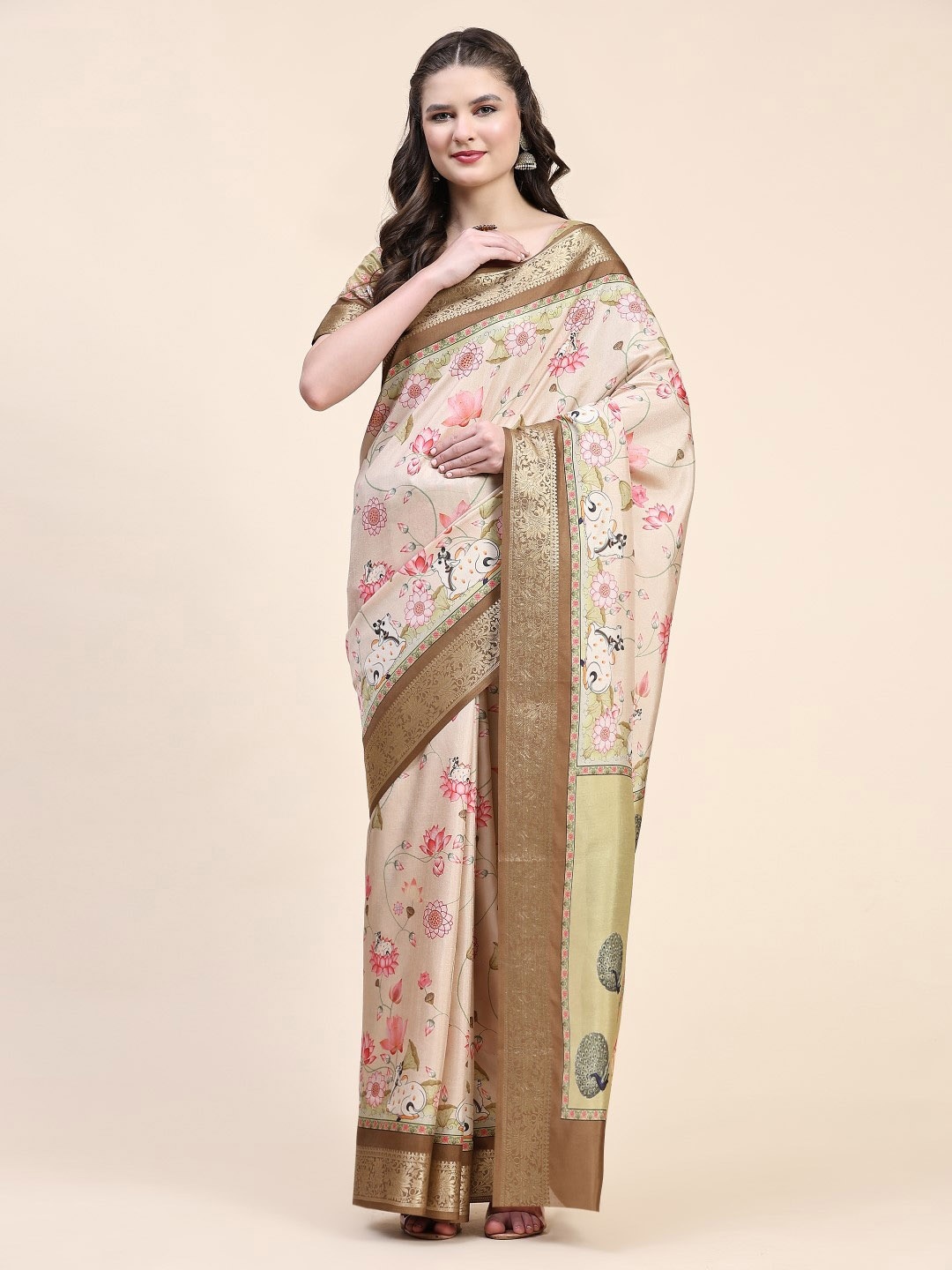 

PRATIBIMB Floral Printed Silk Cotton Saree, Beige