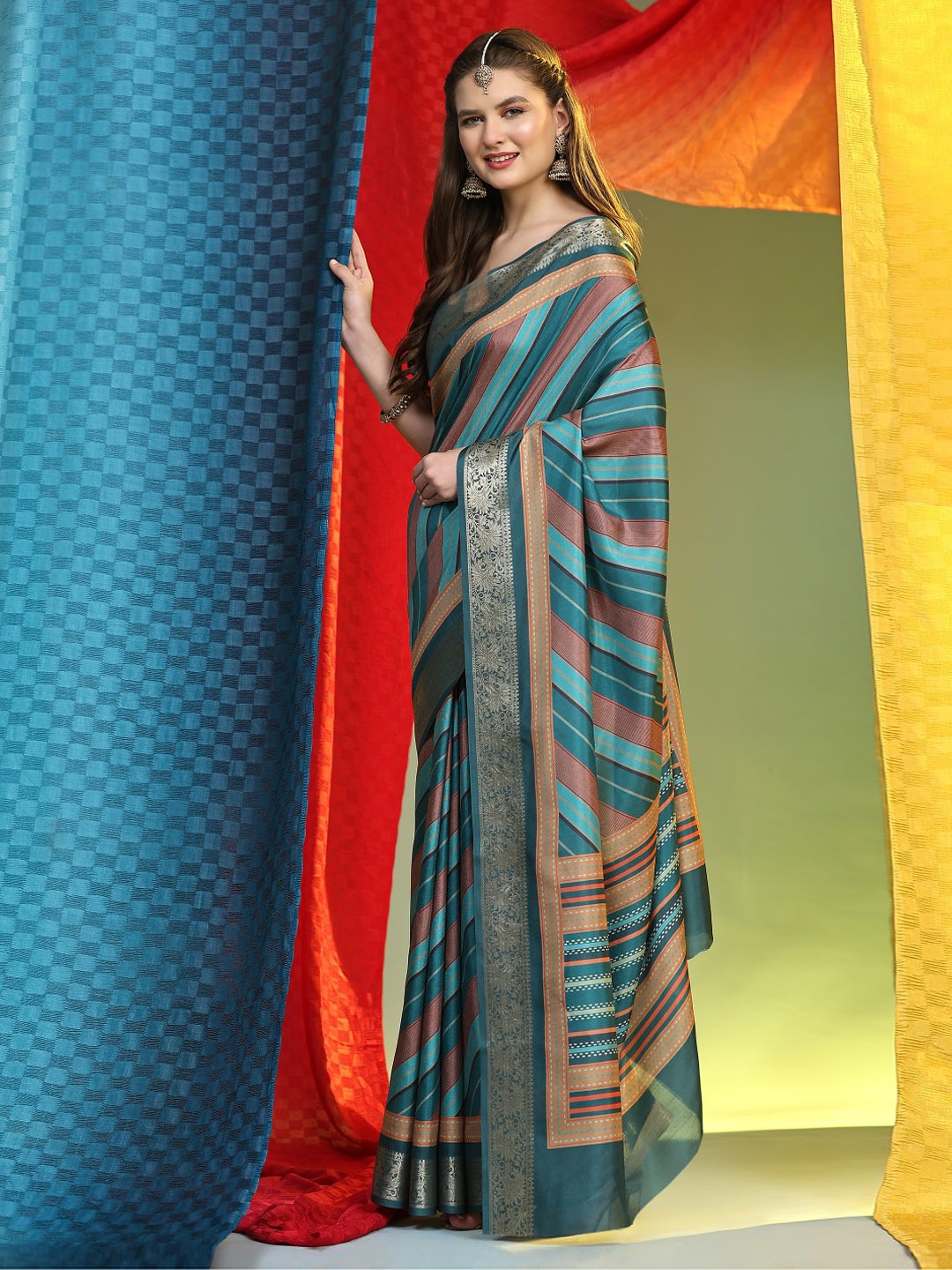 

PRATIBIMB Striped Silk Cotton Saree, Blue