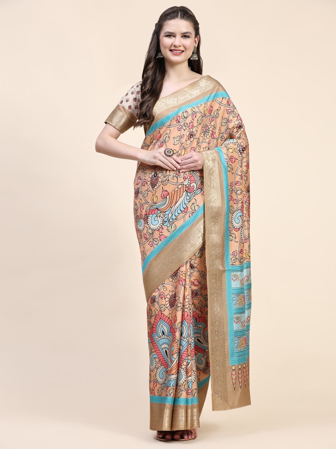 

PRATIBIMB Floral Printed Zari Silk Cotton Saree, Beige