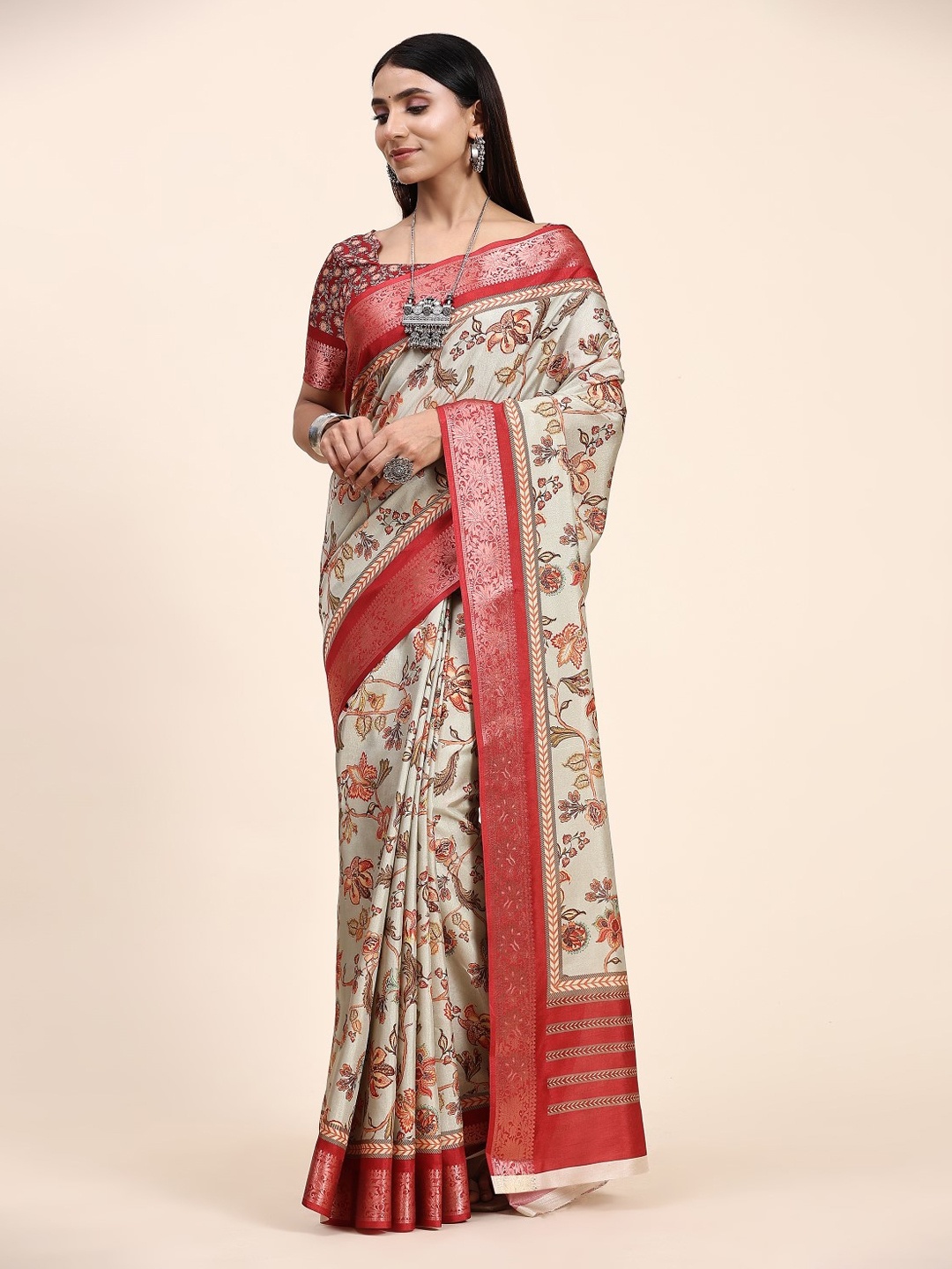 

PRATIBIMB Kalamkari Printed Zari Saree, Beige