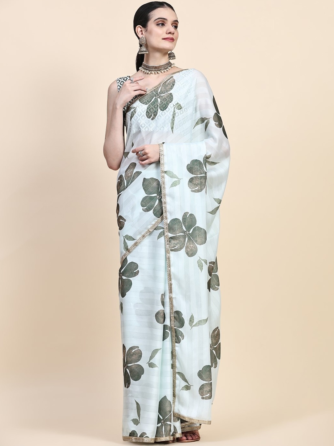 

PRATIBIMB Floral Printed Silk Cotton Saree, Green