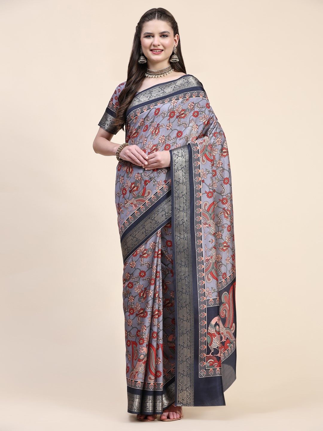 

PRATIBIMB Floral Printed Zari Silk Cotton Saree, Grey