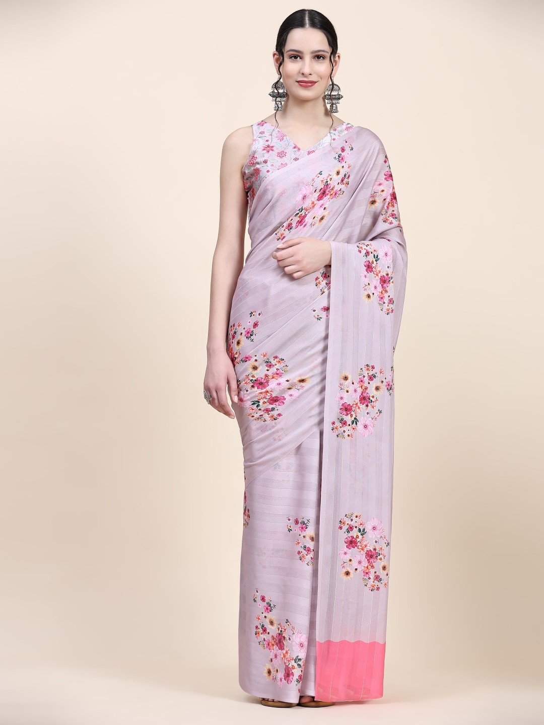 

PRATIBIMB Floral Printed Silk Cotton Saree, Grey