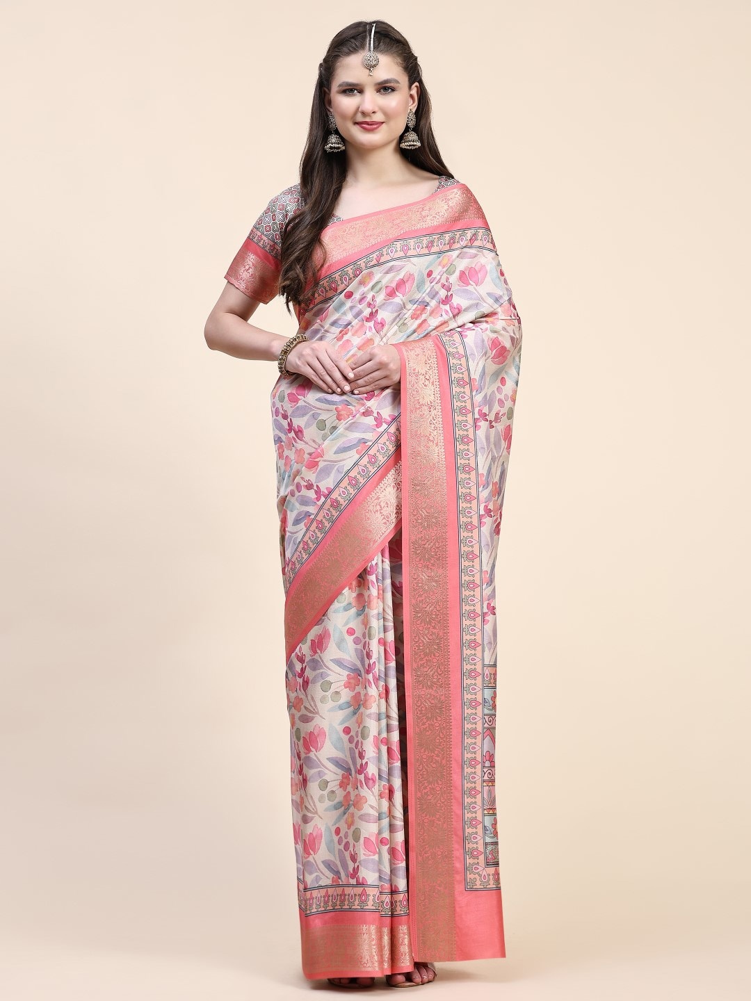 

PRATIBIMB Floral Printed Silk Cotton Saree, Grey