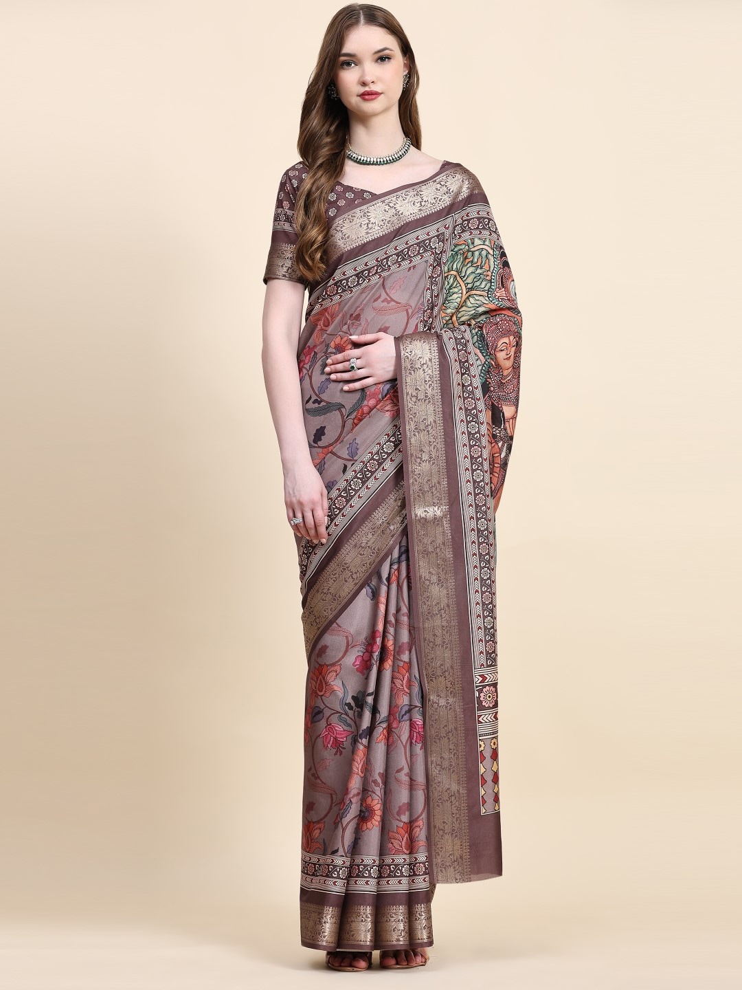 

PRATIBIMB Kalamakari Printed Silk Cotton Saree, Grey